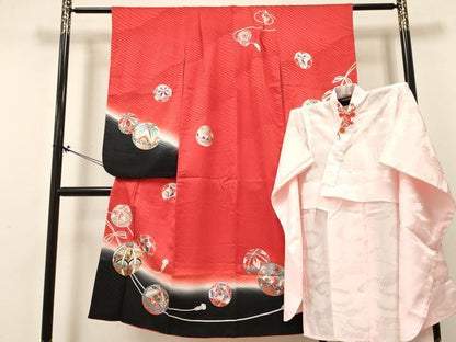 平和屋着物[]七五三　女の子　７歳　祝着　四つ身　襦袢(無双仕立て・半衿刺繍)セット　鞠花文　暈し染め　金銀彩　逸品　DABC5267ma