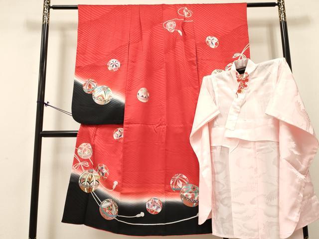 平和屋着物[]七五三　女の子　７歳　祝着　四つ身　襦袢(無双仕立て・半衿刺繍)セット　鞠花文　暈し染め　金銀彩　逸品　DABC5267ma