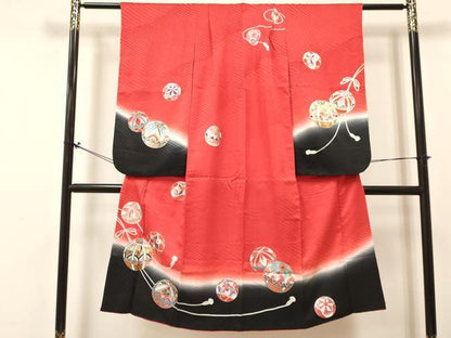 平和屋着物[]七五三　女の子　７歳　祝着　四つ身　襦袢(無双仕立て・半衿刺繍)セット　鞠花文　暈し染め　金銀彩　逸品　DABC5267ma