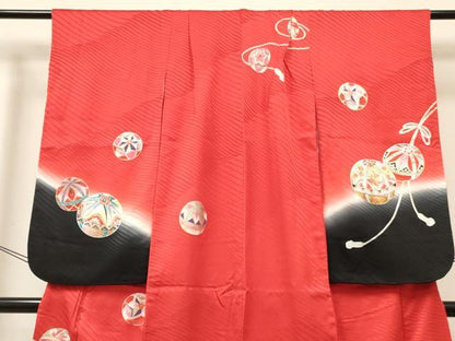 平和屋着物[]七五三　女の子　７歳　祝着　四つ身　襦袢(無双仕立て・半衿刺繍)セット　鞠花文　暈し染め　金銀彩　逸品　DABC5267ma