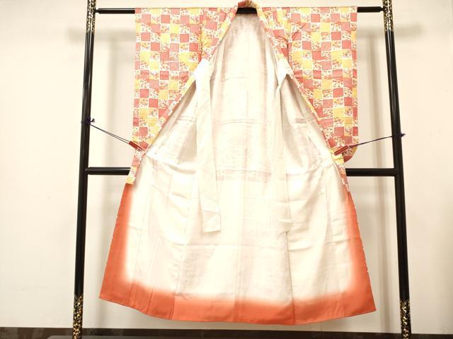 平和屋着物∵女の子　十三参り　子供　祝着・長襦袢(無双仕立て・半衿刺繍)セット　松竹梅　市松文様　逸品　DABC5268ma