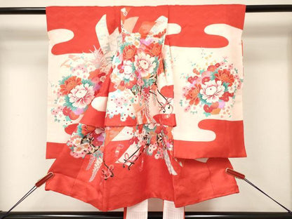 平和屋着物[]七五三　女の子　３歳　祝着　三つ身　襦袢付き　花車文　金彩　逸品　DABC5272ma