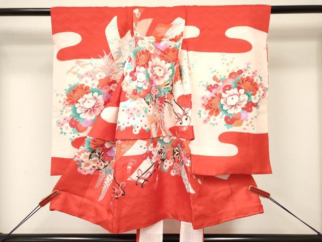 平和屋着物[]七五三　女の子　３歳　祝着　三つ身　襦袢付き　花車文　金彩　逸品　DABC5272ma
