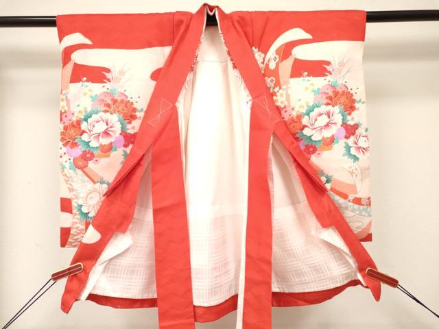 平和屋着物[]七五三　女の子　３歳　祝着　三つ身　襦袢付き　花車文　金彩　逸品　DABC5272ma