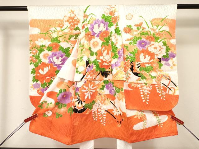 平和屋着物[]七五三　女の子　３歳　祝着　三つ身　駒刺繍　花車文　金彩　DABC5274ma