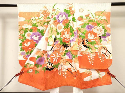 平和屋着物[]七五三 女の子 ３歳 祝着 三つ身 駒刺繍 花車文 金彩 DABC5274ma