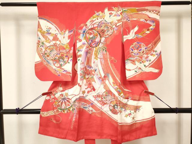 平和屋着物[]七五三　女の子　３歳　祝着　三つ身　鼓　飛鶴　鞠花鳥文　暈し染め　金彩　逸品　DABC5276ma