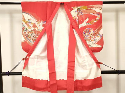 平和屋着物[]七五三　女の子　３歳　祝着　三つ身　鼓　飛鶴　鞠花鳥文　暈し染め　金彩　逸品　DABC5276ma