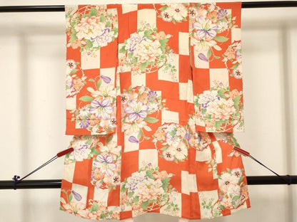 平和屋着物[]アンティーク　大正ロマン　七五三　女の子　３歳　祝着　三つ身　単衣　草花文　逸品　DABC5281ma