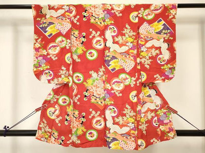 平和屋着物[]アンティーク　大正ロマン　七五三　女の子　３歳　祝着　三つ身　単衣　飛鶴冊子花文　逸品　DABC5282ma