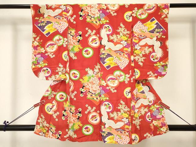 平和屋着物[]アンティーク　大正ロマン　七五三　女の子　３歳　祝着　三つ身　単衣　飛鶴冊子花文　逸品　DABC5282ma