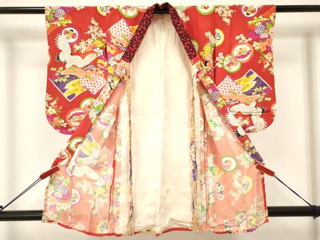 平和屋着物[]アンティーク　大正ロマン　七五三　女の子　３歳　祝着　三つ身　単衣　飛鶴冊子花文　逸品　DABC5282ma