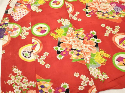 平和屋着物[]アンティーク　大正ロマン　七五三　女の子　３歳　祝着　三つ身　単衣　飛鶴冊子花文　逸品　DABC5282ma