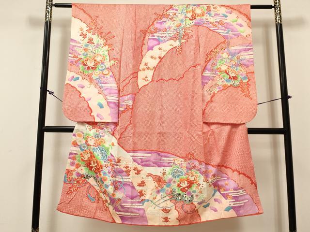 平和屋着物[]七五三　女の子　７歳　祝着　四つ身　駒刺繍　雪芝花車文　金彩　逸品　DABC5285ma
