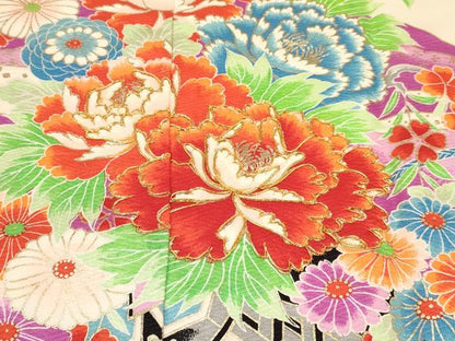 平和屋着物[]七五三　女の子　７歳　祝着　四つ身　駒刺繍　雪芝花車文　金彩　逸品　DABC5285ma