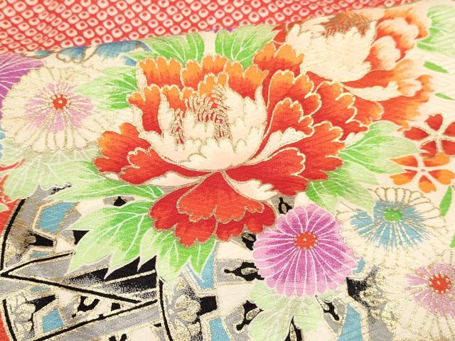 平和屋着物[]七五三　女の子　７歳　祝着　四つ身　駒刺繍　雪芝花車文　金彩　逸品　DABC5285ma