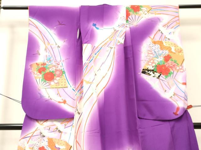 平和屋着物[]七五三　女の子　７歳　祝着　四つ身　駒刺繍　扇面飛鶴牡丹花文　暈し染め　金彩　逸品　DABC5291ma