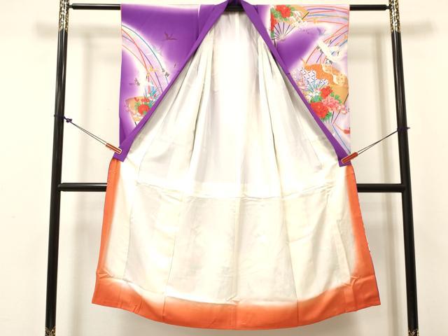 平和屋着物[]七五三　女の子　７歳　祝着　四つ身　駒刺繍　扇面飛鶴牡丹花文　暈し染め　金彩　逸品　DABC5291ma