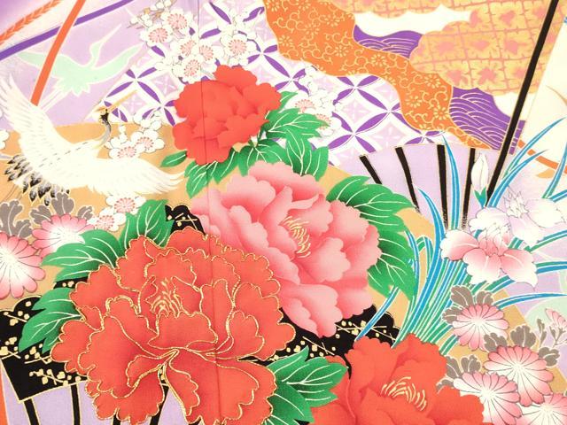 平和屋着物[]七五三　女の子　７歳　祝着　四つ身　駒刺繍　扇面飛鶴牡丹花文　暈し染め　金彩　逸品　DABC5291ma