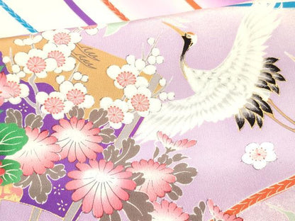 平和屋着物[]七五三　女の子　７歳　祝着　四つ身　駒刺繍　扇面飛鶴牡丹花文　暈し染め　金彩　逸品　DABC5291ma