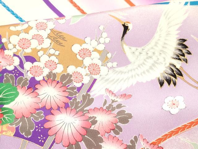 平和屋着物[]七五三　女の子　７歳　祝着　四つ身　駒刺繍　扇面飛鶴牡丹花文　暈し染め　金彩　逸品　DABC5291ma