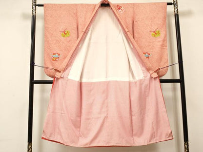 平和屋着物[]七五三　女の子　７歳　祝着　四つ身　刺繍　絞り　仕覆花文　金糸　逸品　DABC5292ma