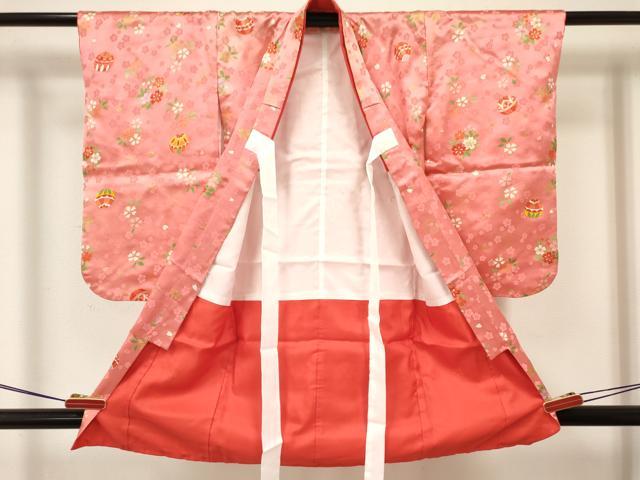 511ag72□七五三 三歳 女児 着物&被布&長襦袢 金彩 鹿子 御所車□美品
