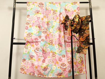 平和屋着物[]七五三　女の子　７歳　祝着　四つ身　つけ帯セット　鞠雪輪花文　金彩　洗える着物　DABC5294ma