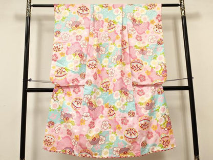 平和屋着物[]七五三　女の子　７歳　祝着　四つ身　つけ帯セット　鞠雪輪花文　金彩　洗える着物　DABC5294ma