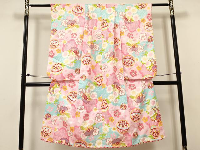 平和屋着物[]七五三　女の子　７歳　祝着　四つ身　つけ帯セット　鞠雪輪花文　金彩　洗える着物　DABC5294ma