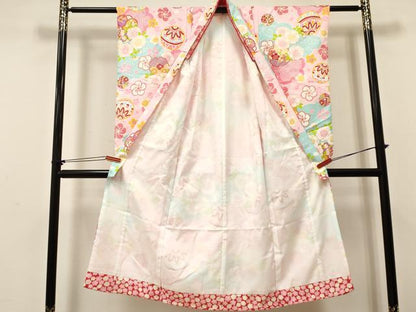 平和屋着物[]七五三　女の子　７歳　祝着　四つ身　つけ帯セット　鞠雪輪花文　金彩　洗える着物　DABC5294ma