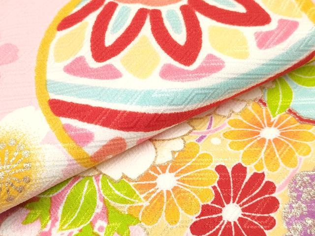 平和屋着物[]七五三　女の子　７歳　祝着　四つ身　つけ帯セット　鞠雪輪花文　金彩　洗える着物　DABC5294ma