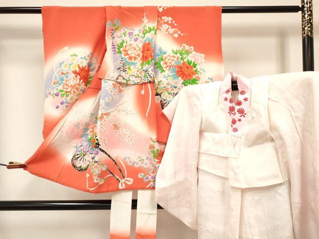 平和屋着物[]七五三　女の子　３歳　祝着　三つ身　長襦袢(袷・半衿刺繍)セット　花車文　暈し染め　金彩　逸品　DABC5296ma