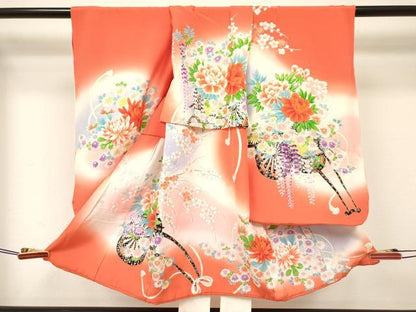 平和屋着物[]七五三　女の子　３歳　祝着　三つ身　長襦袢(袷・半衿刺繍)セット　花車文　暈し染め　金彩　逸品　DABC5296ma