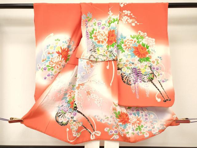 平和屋着物[]七五三　女の子　３歳　祝着　三つ身　長襦袢(袷・半衿刺繍)セット　花車文　暈し染め　金彩　逸品　DABC5296ma