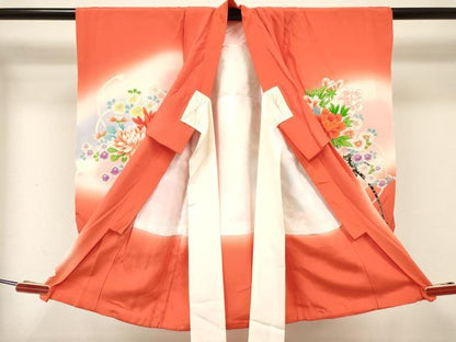 平和屋着物[]七五三　女の子　３歳　祝着　三つ身　長襦袢(袷・半衿刺繍)セット　花車文　暈し染め　金彩　逸品　DABC5296ma