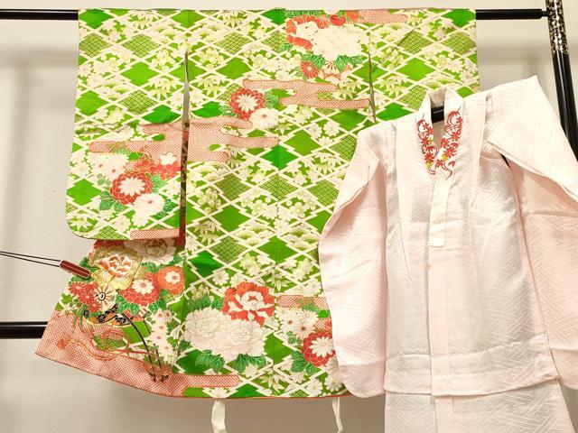 平和屋着物[]七五三　女の子　３歳　祝着　三つ身　長襦袢(無双仕立て・半衿刺繍)セット　駒刺繍　花車文　金彩　逸品　DABC5297ma