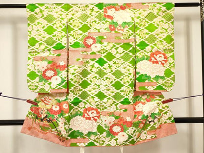 平和屋着物[]七五三 女の子 ３歳 祝着 三つ身 長襦袢(無双仕立て・半衿刺繍)セット 駒刺繍 花車文 金彩 逸品 DABC5297ma