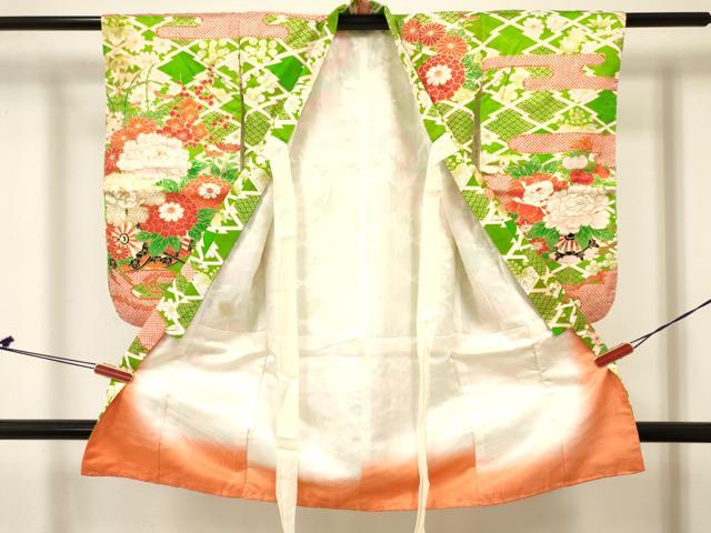 平和屋着物[]七五三　女の子　３歳　祝着　三つ身　長襦袢(無双仕立て・半衿刺繍)セット　駒刺繍　花車文　金彩　逸品　DABC5297ma