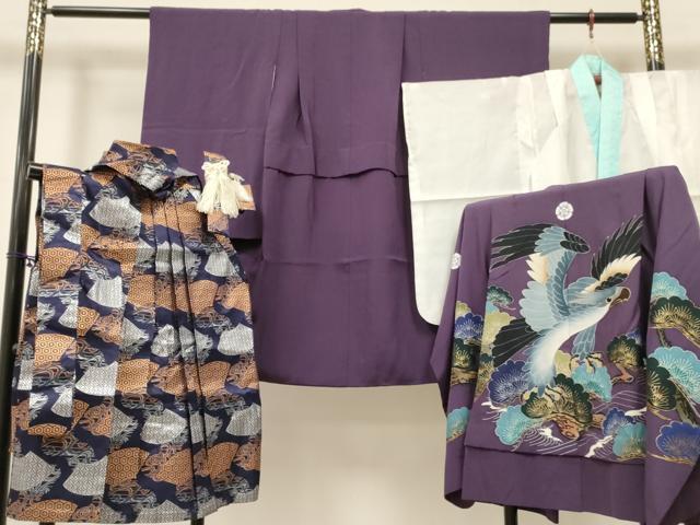 平和屋着物[]七五三　男の子　祝着・羽織・長襦袢(単衣)・行灯袴セット　鷹　鷲　松文　金彩　DABC5300ma