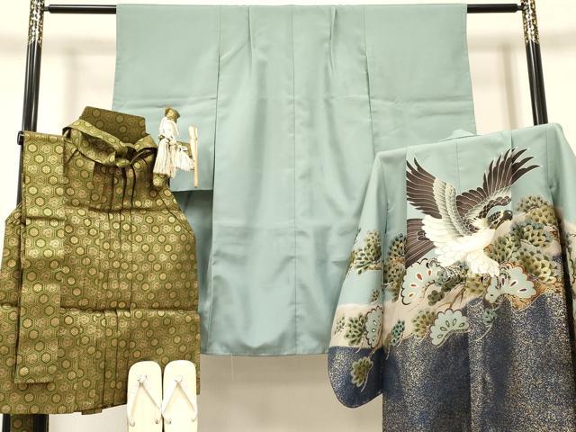 平和屋着物[]七五三　男の子　祝着・羽織・行灯袴・雪駄・小物セット　鷹　鷲　松文　暈し染め　金彩　DABC5302ma