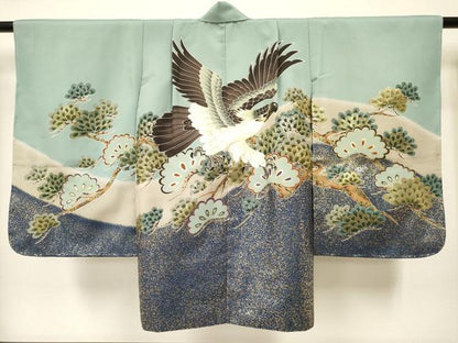 平和屋着物[]七五三　男の子　祝着・羽織・行灯袴・雪駄・小物セット　鷹　鷲　松文　暈し染め　金彩　DABC5302ma