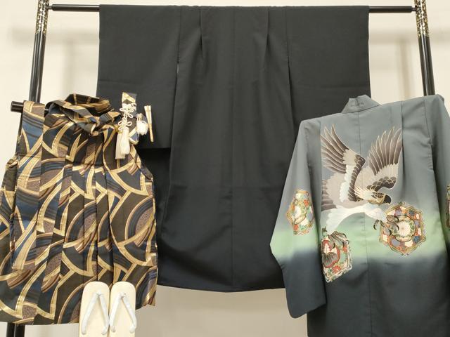 平和屋着物[]七五三　男の子　祝着・羽織・行灯袴・雪駄・小物セット　鷹　鷲　亀甲桐花文　暈し染め　金彩　DABC5304ma