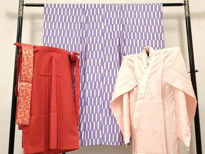 平和屋着物[]卒園式　女の子　子供　祝着・長襦袢(単衣・半衿刺繍)・行灯袴・帯セット　矢羽文　洗える着物　DABC5308ma