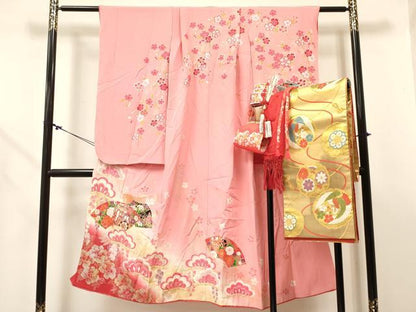 平和屋着物[]七五三 女の子 ７歳 祝着 四つ身 袋帯・小物セット 地紙重ね花文 暈し染め 金銀彩 逸品 DABC5313ma