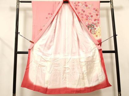 平和屋着物[]七五三　女の子　７歳　祝着　四つ身　袋帯・小物セット　地紙重ね花文　暈し染め　金銀彩　逸品　DABC5313ma