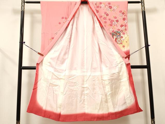 平和屋着物[]七五三　女の子　７歳　祝着　四つ身　袋帯・小物セット　地紙重ね花文　暈し染め　金銀彩　逸品　DABC5313ma