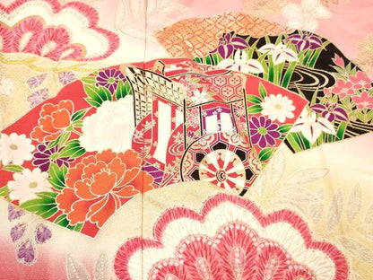 平和屋着物[]七五三　女の子　７歳　祝着　四つ身　袋帯・小物セット　地紙重ね花文　暈し染め　金銀彩　逸品　DABC5313ma