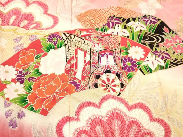 平和屋着物[]七五三　女の子　７歳　祝着　四つ身　袋帯・小物セット　地紙重ね花文　暈し染め　金銀彩　逸品　DABC5313ma