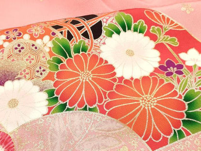 平和屋着物[]七五三　女の子　７歳　祝着　四つ身　袋帯・小物セット　地紙重ね花文　暈し染め　金銀彩　逸品　DABC5313ma